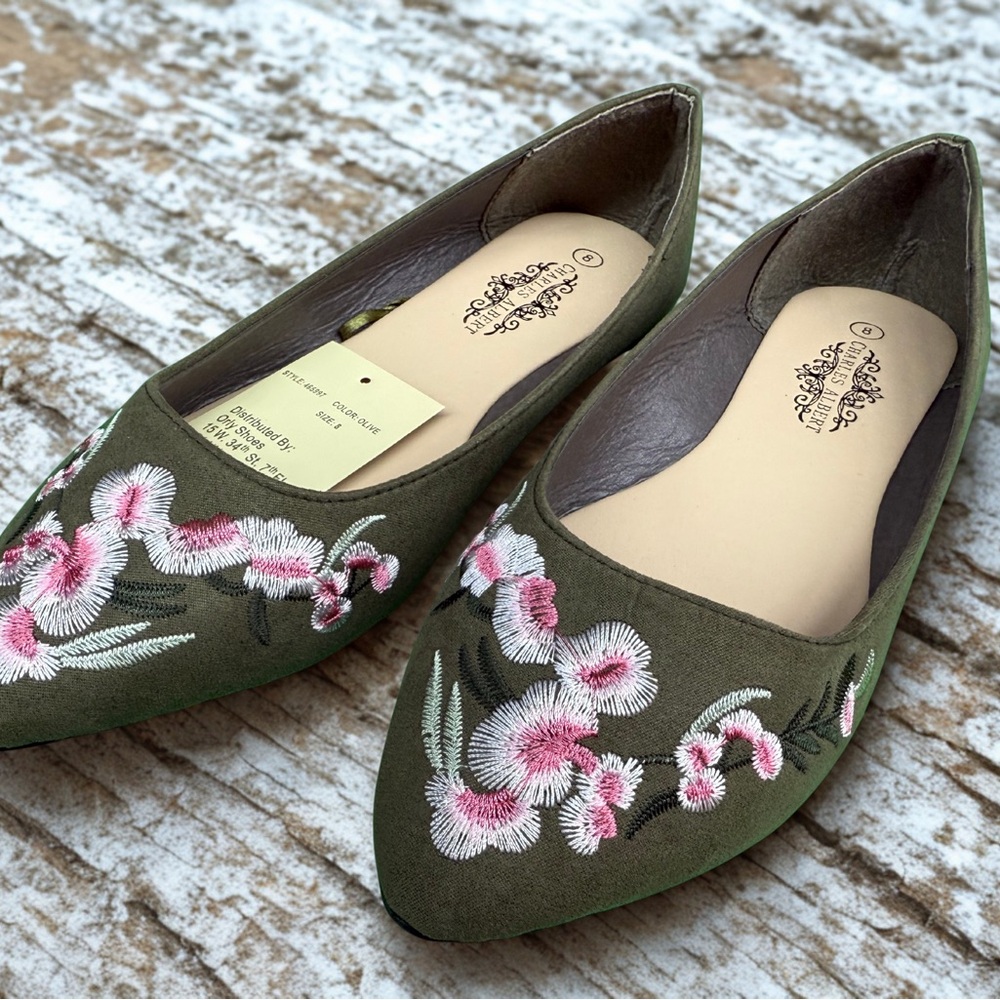 Charles Albert Green Flats with Pink Floral Embroidery